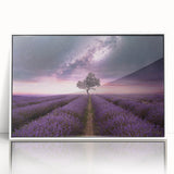 Framed wall art displaying a botanical lavender design, featuring delicate purple flowers and green leaves on a white background, perfect for home decor.