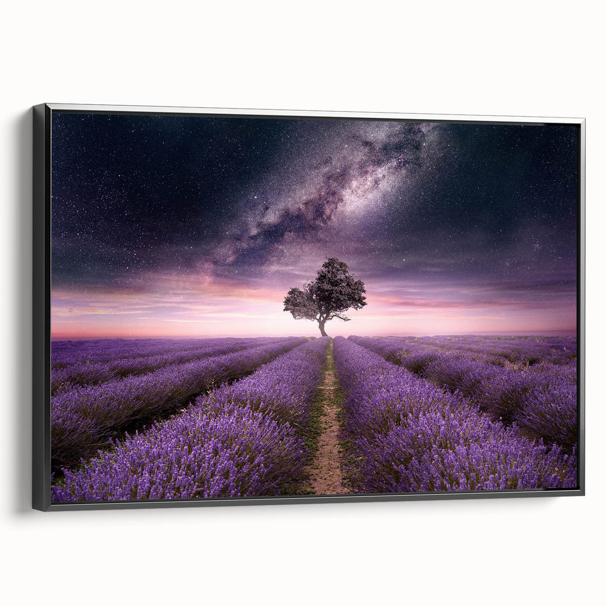 Framed canvas wall art showcasing a botanical lavender design, featuring a black frame and elegant floral details, perfect for home decor enhancement.