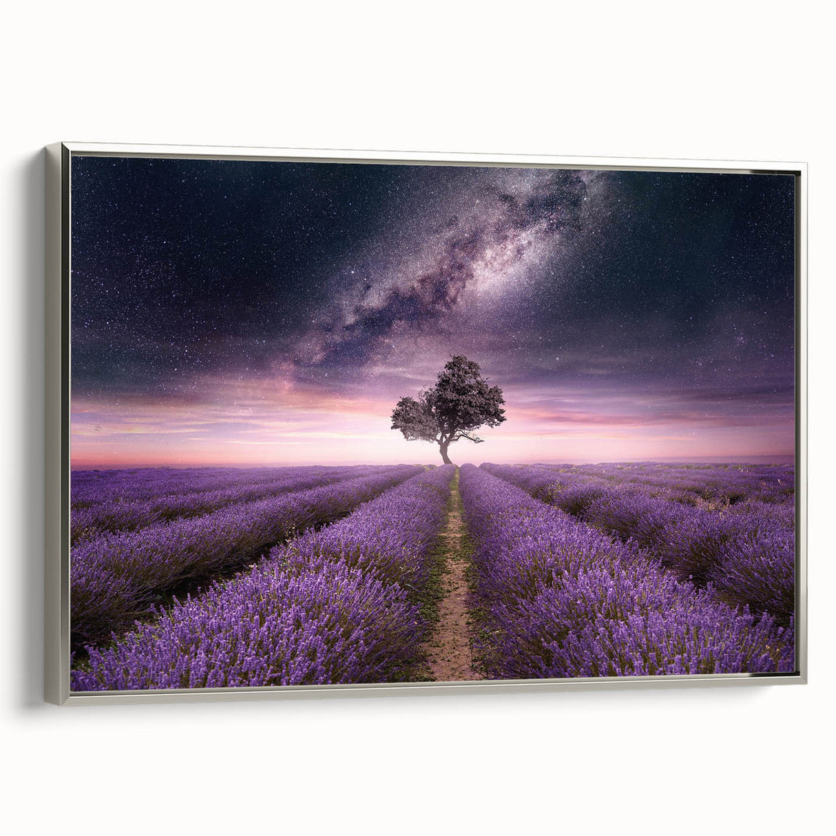 Framed botanical wall art showcasing a beautiful lavender design with silver accents, viewed from the side, perfect for enhancing home decor with floral elegance.