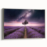 Framed botanical wall art showcasing a beautiful lavender design with silver accents, viewed from the side, perfect for enhancing home decor with floral elegance.