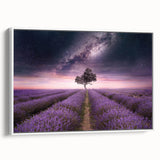 Framed canvas wall art showcasing a botanical lavender design, featuring delicate purple flowers and green leaves, presented in a stylish white frame with a side view perspective. Perfect for adding a touch of nature-inspired elegance to home decor.