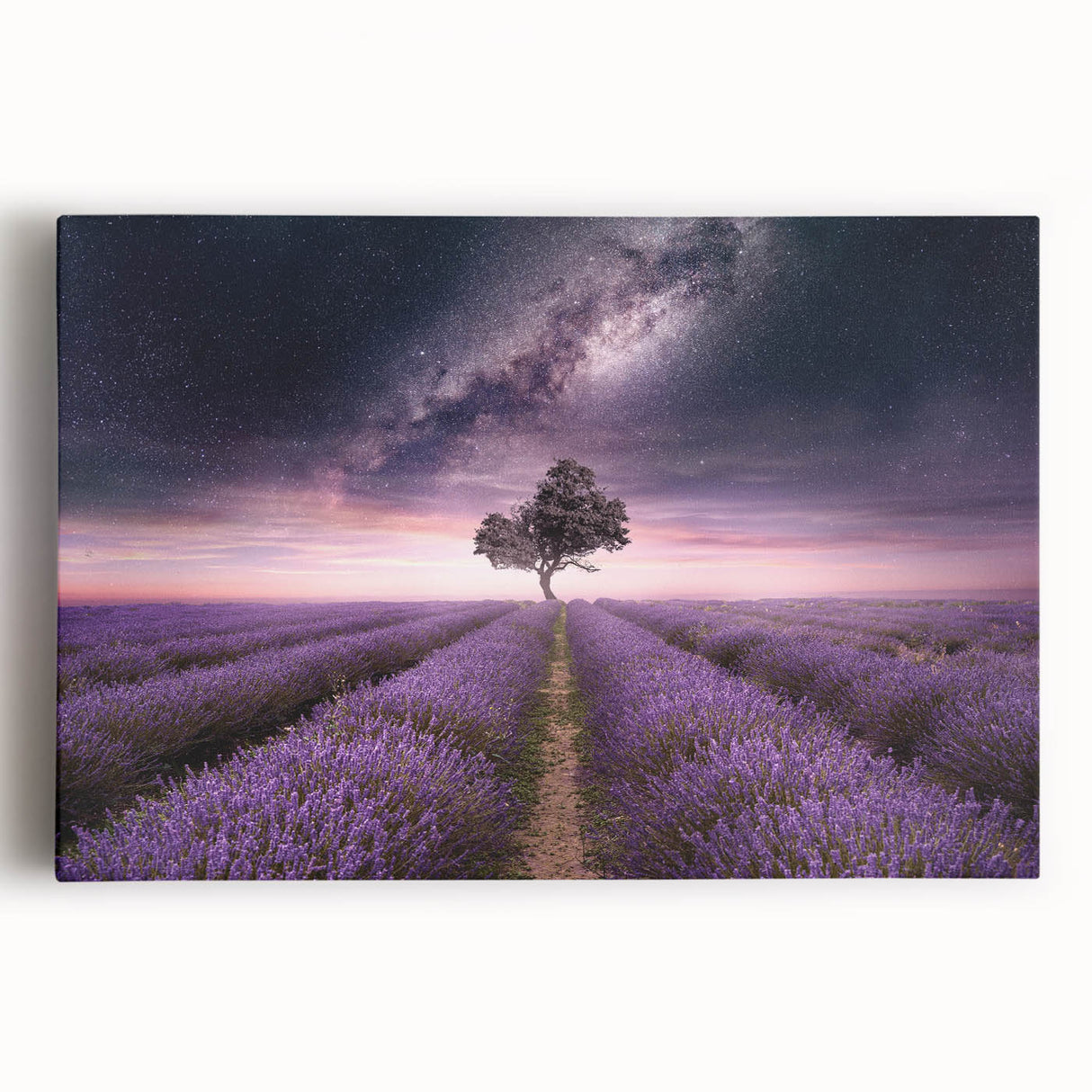 Lavender-themed botanical wall art on stretched canvas, showcasing delicate purple flowers and lush greenery, perfect for adding a serene touch to any room.