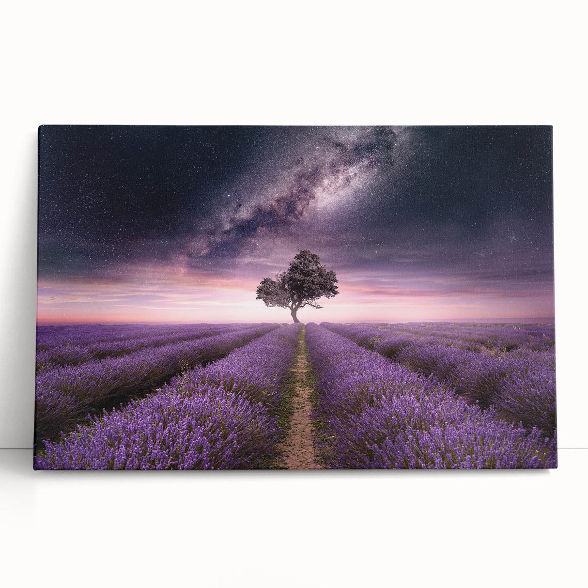 Lavender botanical wall art design on stretched canvas, featuring vibrant purple hues and delicate floral details, perfect for enhancing home decor aesthetics.