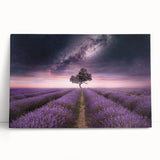 Lavender botanical wall art design on stretched canvas, featuring vibrant purple hues and delicate floral details, perfect for enhancing home decor aesthetics.