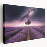 Stretched canvas wall art featuring a botanical lavender design, showcasing vibrant purple and green hues against a textured background, perfect for home decor.