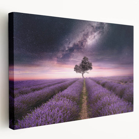 Stretched canvas wall art featuring a botanical lavender design, showcasing vibrant purple and green hues against a textured background, perfect for home decor.