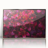 Framed wall art showcasing a botanical design featuring vibrant flowers and leaves, presented in a sleek silver frame, ideal for home decor enhancement.