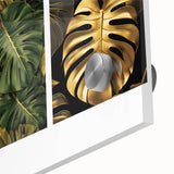 Close-up of a botanical wall art design featuring vibrant flowers and intricate leaves on acrylic glass, showcasing vivid colors and fine details for a modern decor accent.