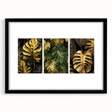 Botanical wall art collection featuring vibrant flowers and leaves in a black frame with matting, ideal for adding elegance to home decor.