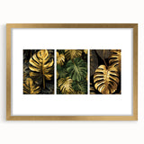 Botanical wall art collection showcasing a framed design with vibrant flower and leaf illustrations, featuring a gold frame and mat, perfect for home decor.