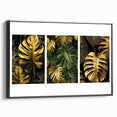 Framed wall art showcasing a botanical design with vibrant flowers and leaves on a black background, highlighting intricate details and textures, ideal for home decor.