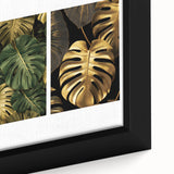 Close-up of a framed canvas print showcasing vibrant botanical leaves and flowers in a contemporary design, perfect for home decor and art enthusiasts.