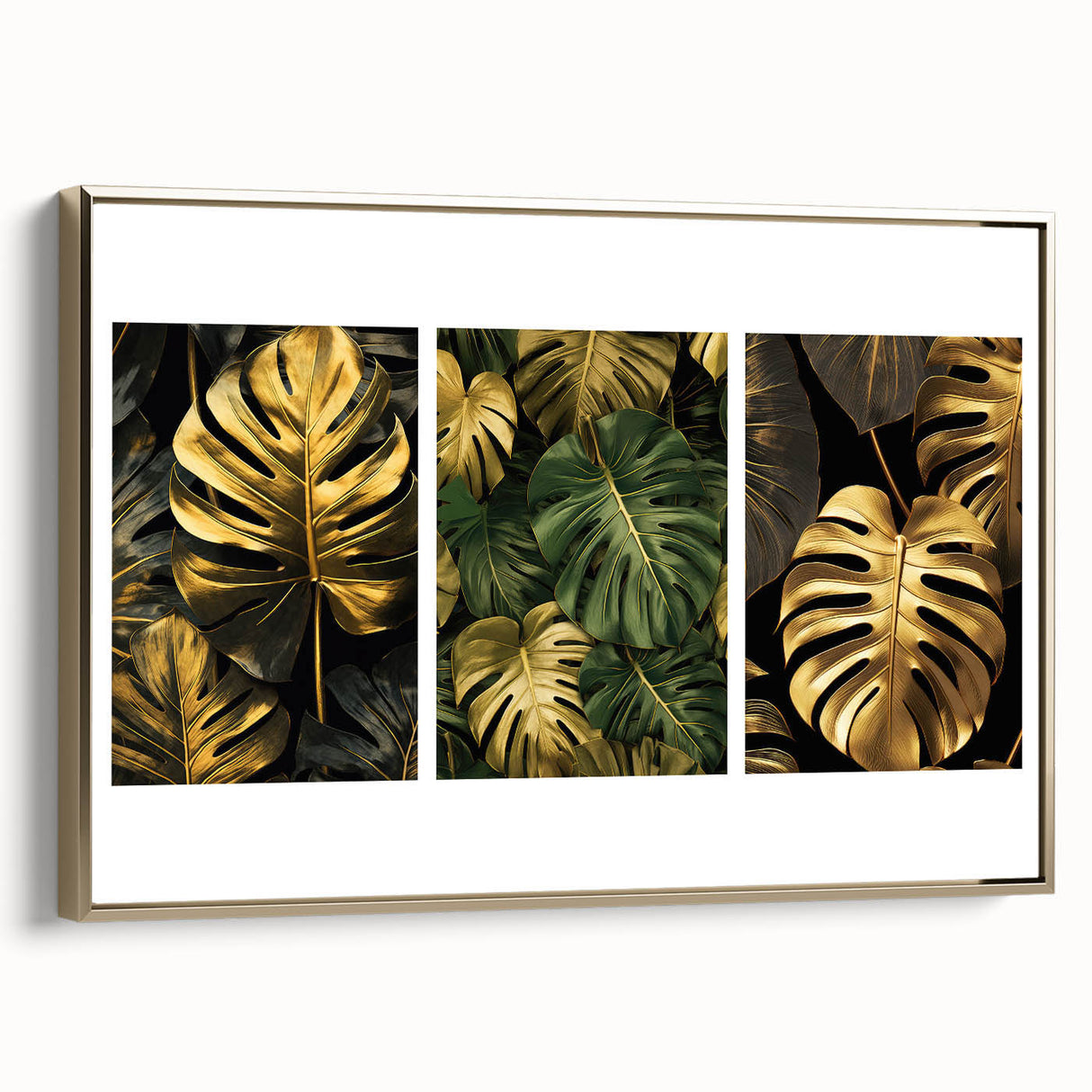 Framed canvas wall art showcasing a botanical design with vibrant flowers and leaves, featuring a gold frame. Ideal for adding a touch of elegance to home decor.