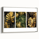 Framed canvas wall art showcasing a botanical leaves design in vibrant colors, set against a silver frame; perfect for modern home decor and nature enthusiasts.