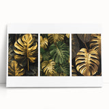 Botanical leaves wall art collection featuring lush green foliage on stretched canvas, elegantly leaning against a neutral wall, perfect for home decor and nature lovers.