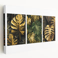 Stretched canvas wall art featuring a vibrant botanical leaves design, showcasing intricate floral patterns in greens and yellows, perfect for home decor.