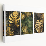 Stretched canvas wall art featuring a vibrant botanical leaves design, showcasing intricate floral patterns in greens and yellows, perfect for home decor.