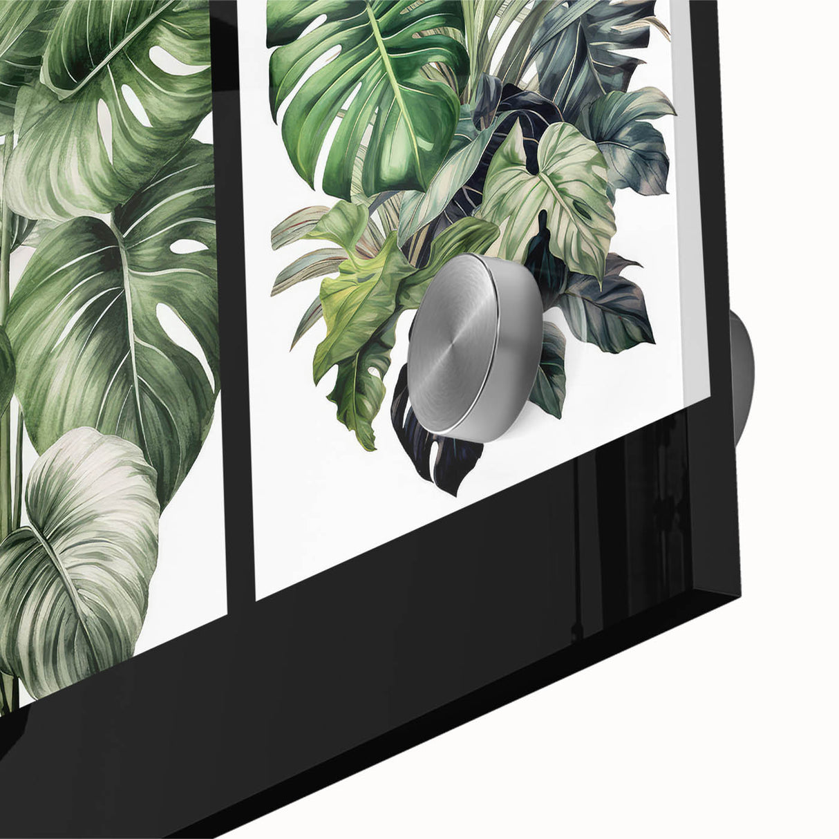 Close-up of a vibrant botanical wall art design featuring intricately detailed flowers and leaves, printed on acrylic glass for a modern home decor aesthetic.