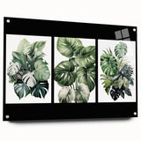 Acrylic glass wall art displaying a botanical leaves design, showcasing vibrant flowers and intricate foliage details, elegantly pinned for display. Perfect for enhancing modern decor.