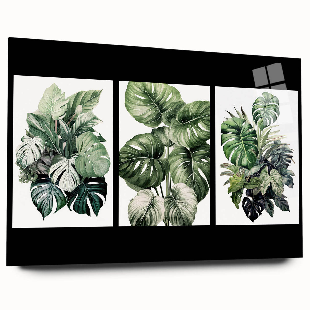 Acrylic glass wall art featuring a botanical design of vibrant flowers and lush green leaves, displayed elegantly from a side view, perfect for home decor.
