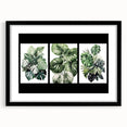Framed botanical wall art featuring a collection of vibrant flowers and green leaves on a black mat, perfect for enhancing home decor with a touch of nature.