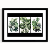 Framed botanical wall art featuring a collection of vibrant flowers and green leaves on a black mat, perfect for enhancing home decor with a touch of nature.