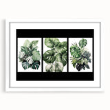 Elegant botanical wall art collection framed in white matting, showcasing vibrant floral and leaf designs, perfect for home decor enhancement.
