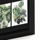 Close-up view of a botanical wall art canvas featuring intricate floral and leaf designs in vibrant colors, elegantly framed for home decor enhancement.