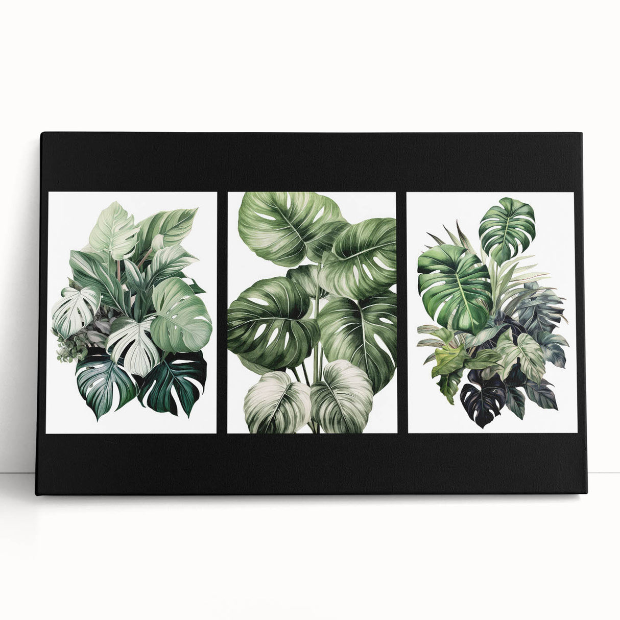 Stretched canvas artwork featuring a botanical design with vibrant flowers and lush green leaves, ideal for enhancing home decor with a nature-inspired aesthetic.