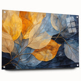 Acrylic glass wall art featuring botanical leaves design with vibrant colors, displayed in a stylish side view, showcasing decorative pins for mounting.