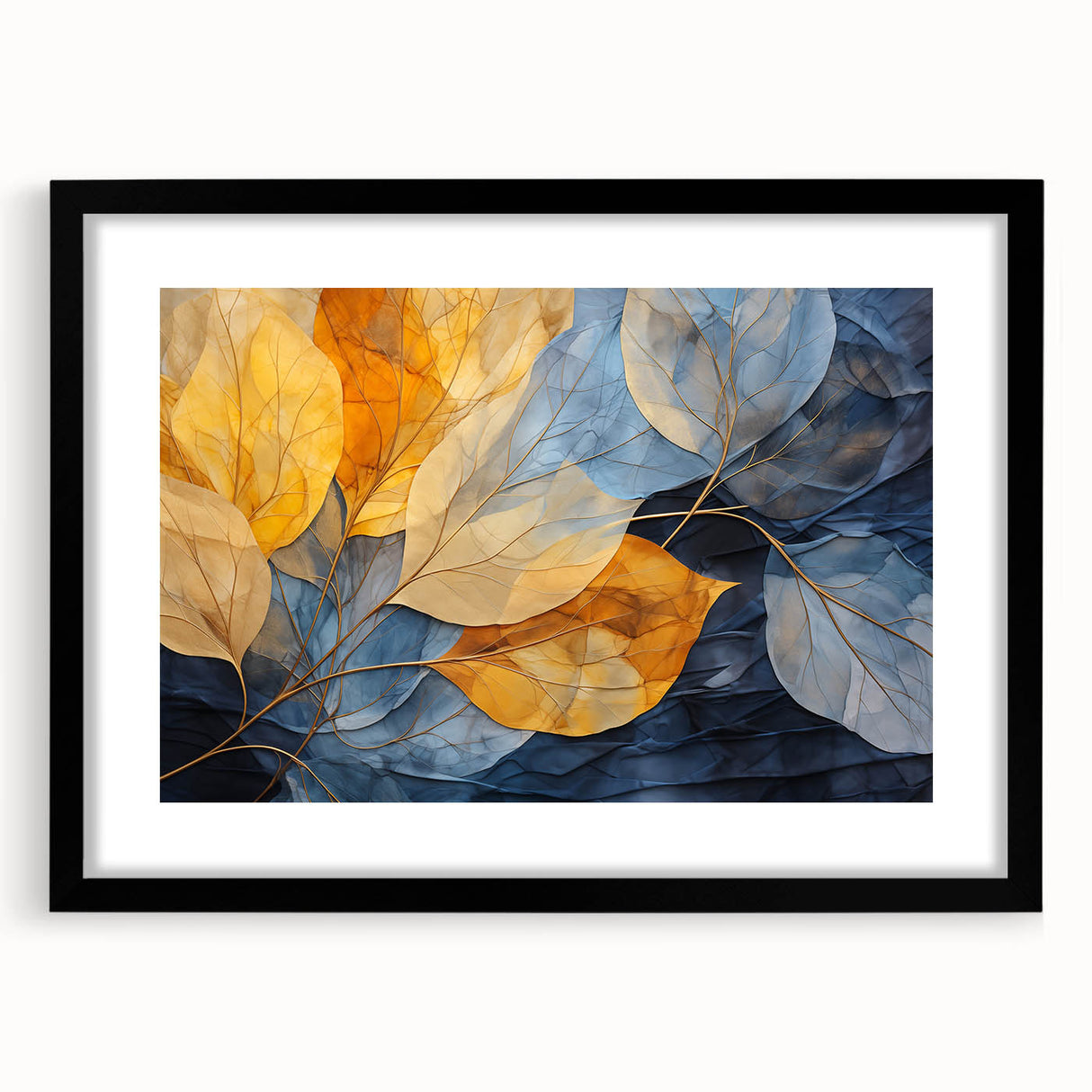 Black-framed botanical wall art collection showcasing vibrant floral and leaf designs, elegantly matted, perfect for home decor and nature-inspired aesthetics.