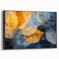 Framed wall art featuring a botanical design with colorful flowers and leaves on a textured canvas, presented with a sleek black frame for modern decor.