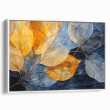 Framed wall art showcasing a botanical design with colorful flowers and leaves, set against a white background, viewed from the side to highlight its depth and texture.