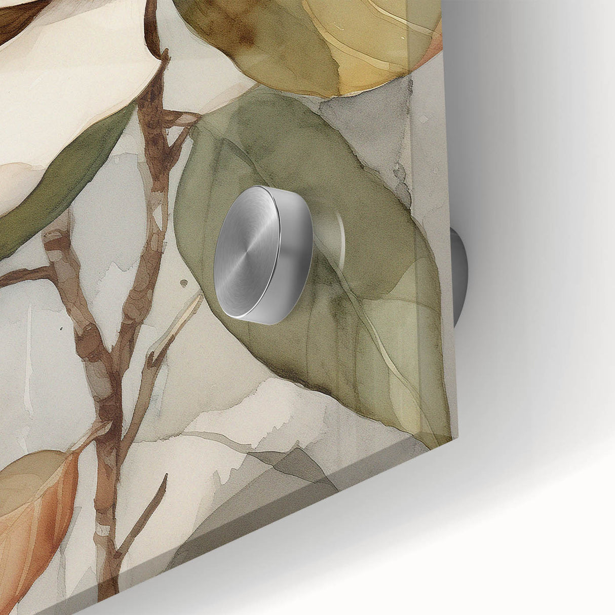 Close-up of a vibrant botanical wall art piece featuring colorful flowers and leaves on acrylic glass, perfect for home decor and nature enthusiasts.