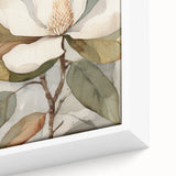 Framed canvas wall art showcasing a close-up of vibrant botanical flowers and leaves design, perfect for adding a touch of nature-inspired elegance to home decor.