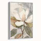 Framed wall art featuring a botanical design of flowers and leaves on a white canvas, showcasing intricate details and vibrant colors, ideal for home decor.