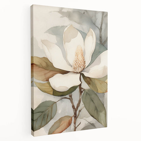 Stretched canvas wall art showcasing a vibrant botanical leaves design, featuring lush green foliage and intricate details, perfect for home decor and nature enthusiasts.