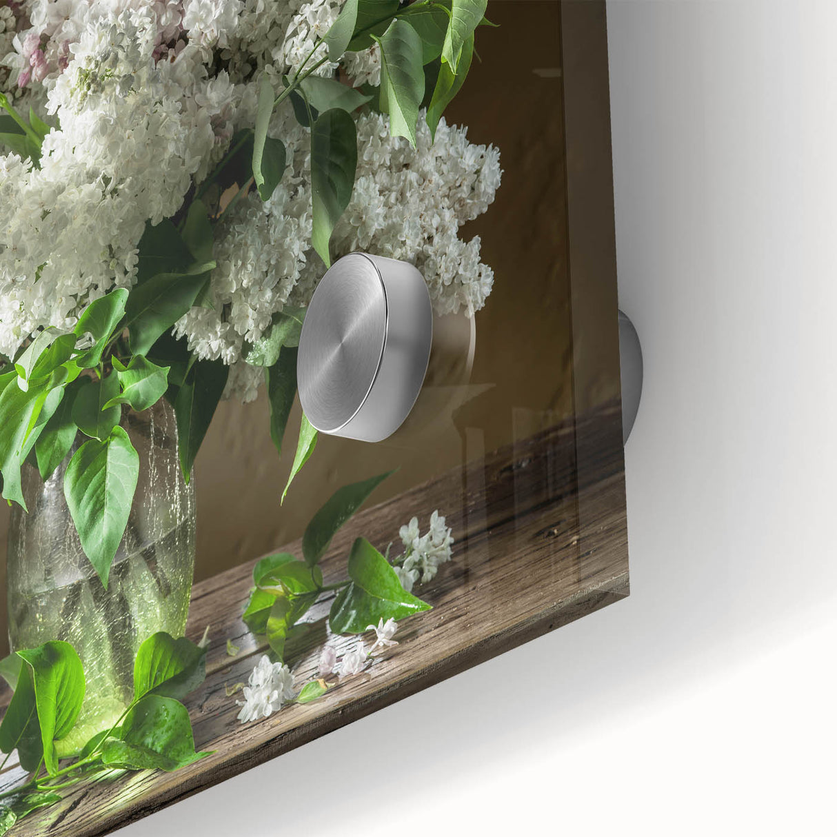 Close-up of a vibrant lilac botanical wall art design printed on acrylic glass, showcasing intricate floral details and rich colors, perfect for home decor.