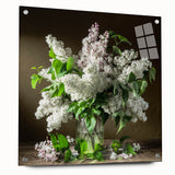 Acrylic glass wall art featuring a vibrant lilac floral design, showcasing intricate botanical details and mounted with stylish pins for a modern aesthetic. Perfect for adding a touch of elegance to any room decor.