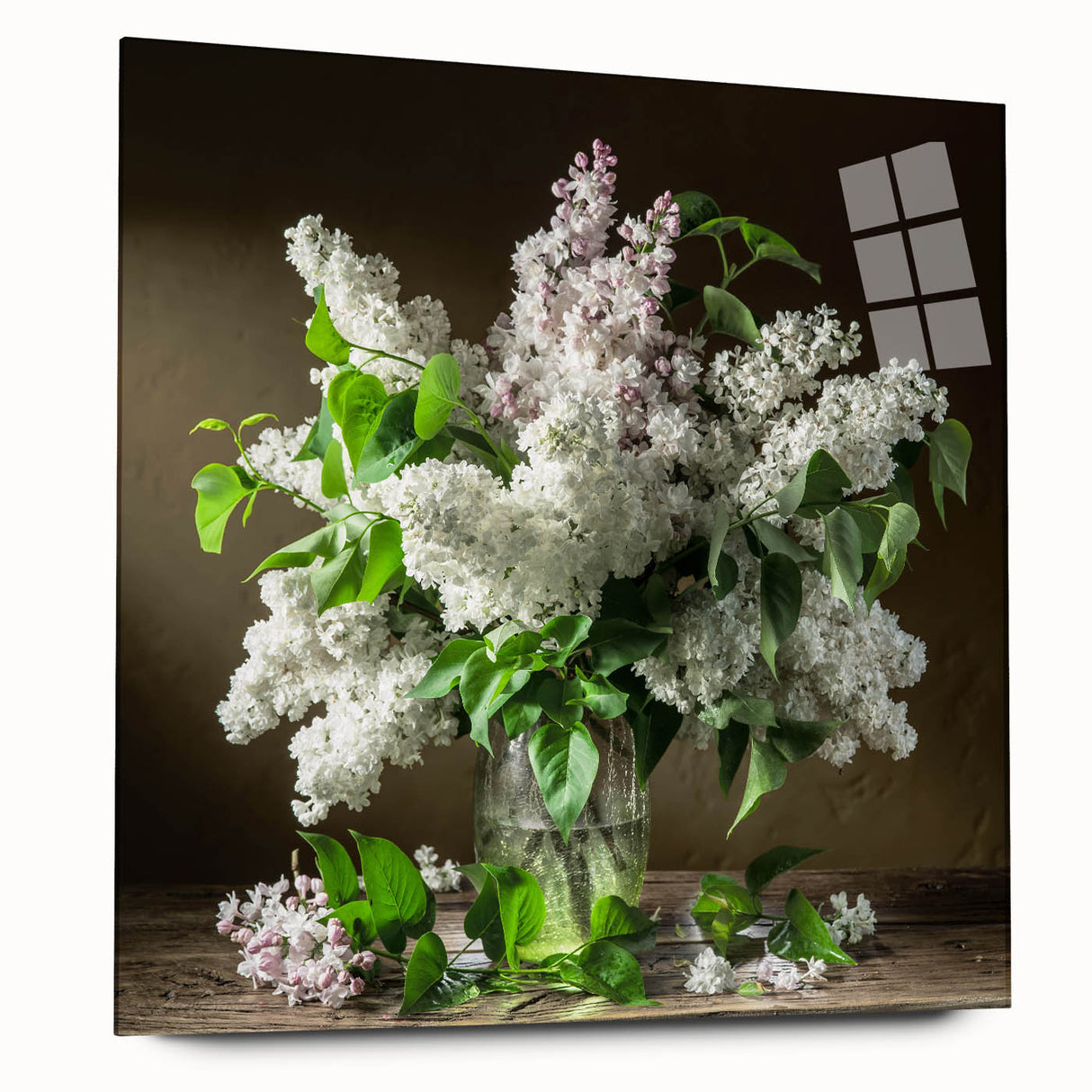 Acrylic wall art featuring a botanical lilacs design, showcasing vibrant purple and green hues. The artwork is displayed in a side view, highlighting its sleek edges and glossy finish, perfect for home decor enthusiasts.