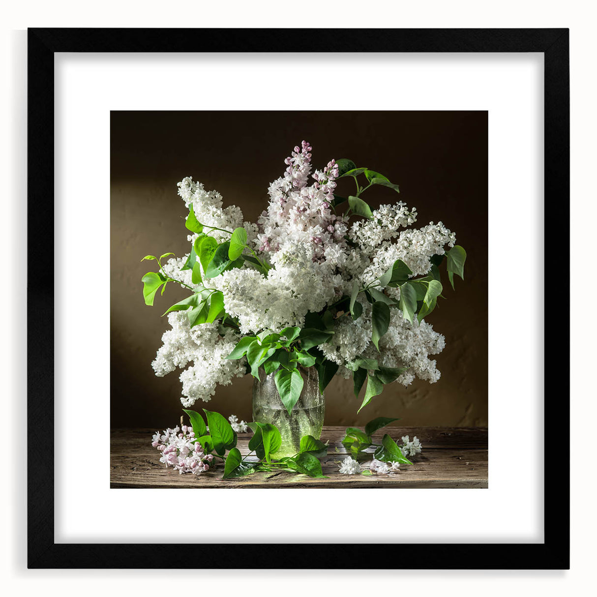 Black-framed wall art featuring a botanical design of lilacs, elegantly matted, showcasing vibrant purple flowers against a clean white background, perfect for floral decor.