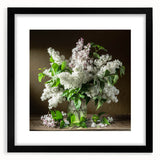 Black-framed wall art featuring a botanical design of lilacs, elegantly matted, showcasing vibrant purple flowers against a clean white background, perfect for floral decor.