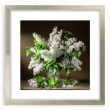 Elegant silver-framed wall art showcasing a botanical design of lilacs, featuring intricate floral details and a white mat, perfect for home decor enhancement.