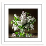 Framed botanical wall art featuring delicate lilacs in soft purple hues, set against a white background with a sleek matte finish, perfect for home decor.