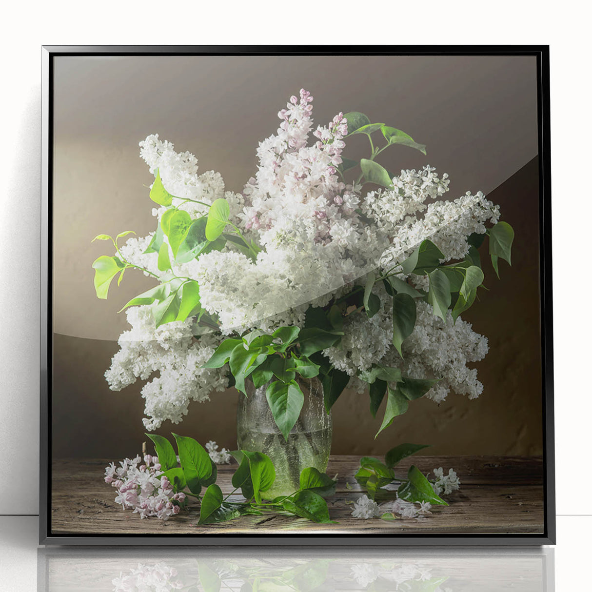 Framed wall art featuring a vibrant botanical design of lilacs, set in a sleek black frame, perfect for home decor and floral enthusiasts. The artwork showcases detailed lilac flowers in rich colors, adding a touch of elegance to any room.