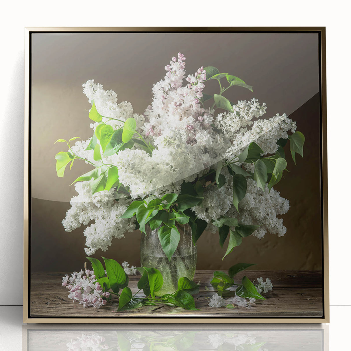 Framed botanical wall art featuring lilacs in a gold-accented frame, showcasing vibrant purple flowers against a light background, perfect for home decor.