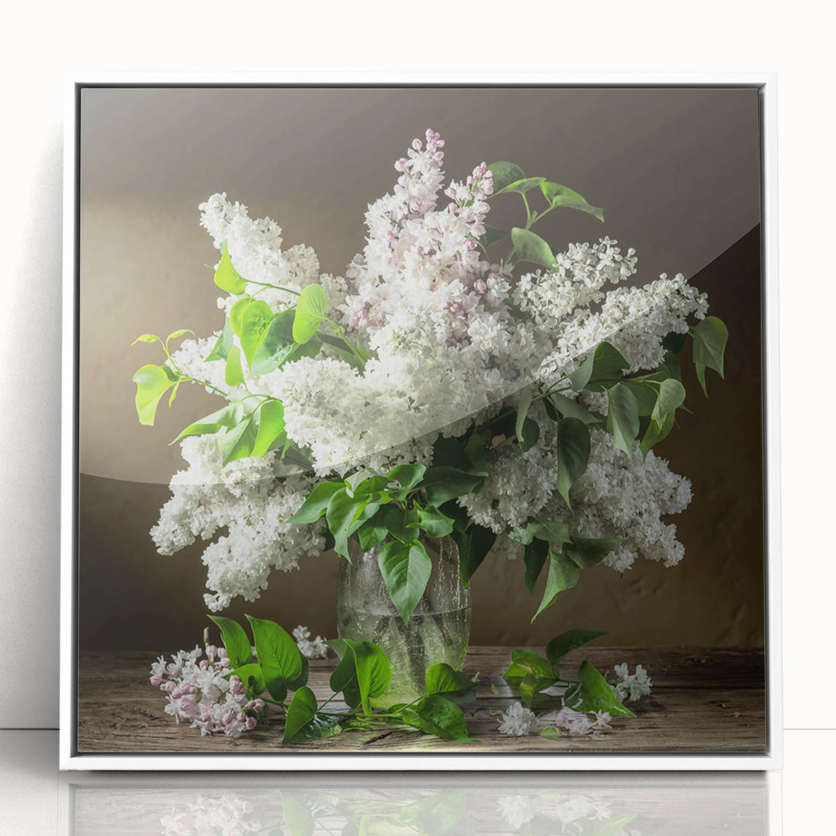 Framed acrylic wall art showcasing a botanical design of lilacs, featuring vibrant purple blooms against a white background, perfect for home decor.