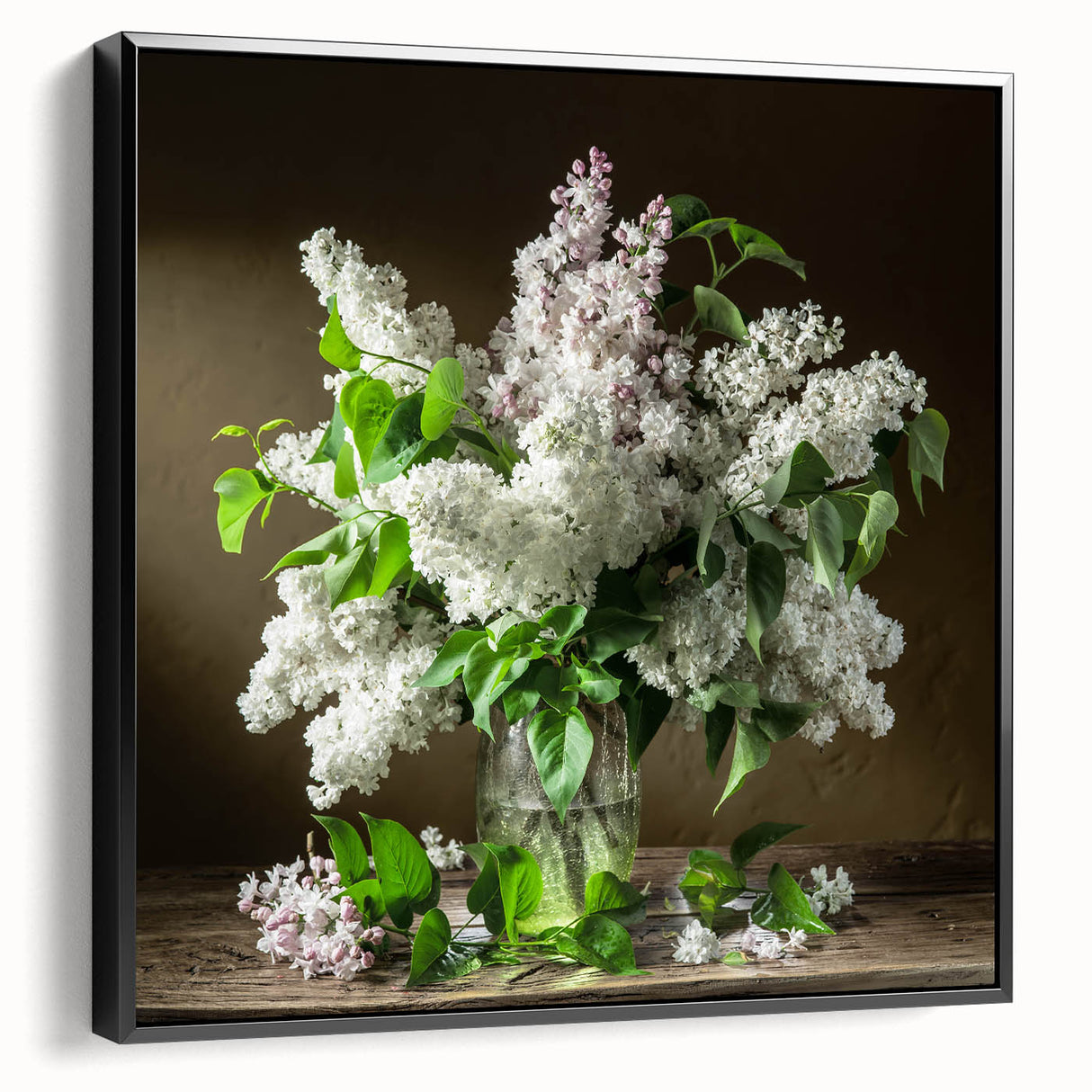 Framed wall art featuring a botanical design of lilacs in vibrant purple and green hues, showcased in a sleek black frame, enhancing any modern decor.