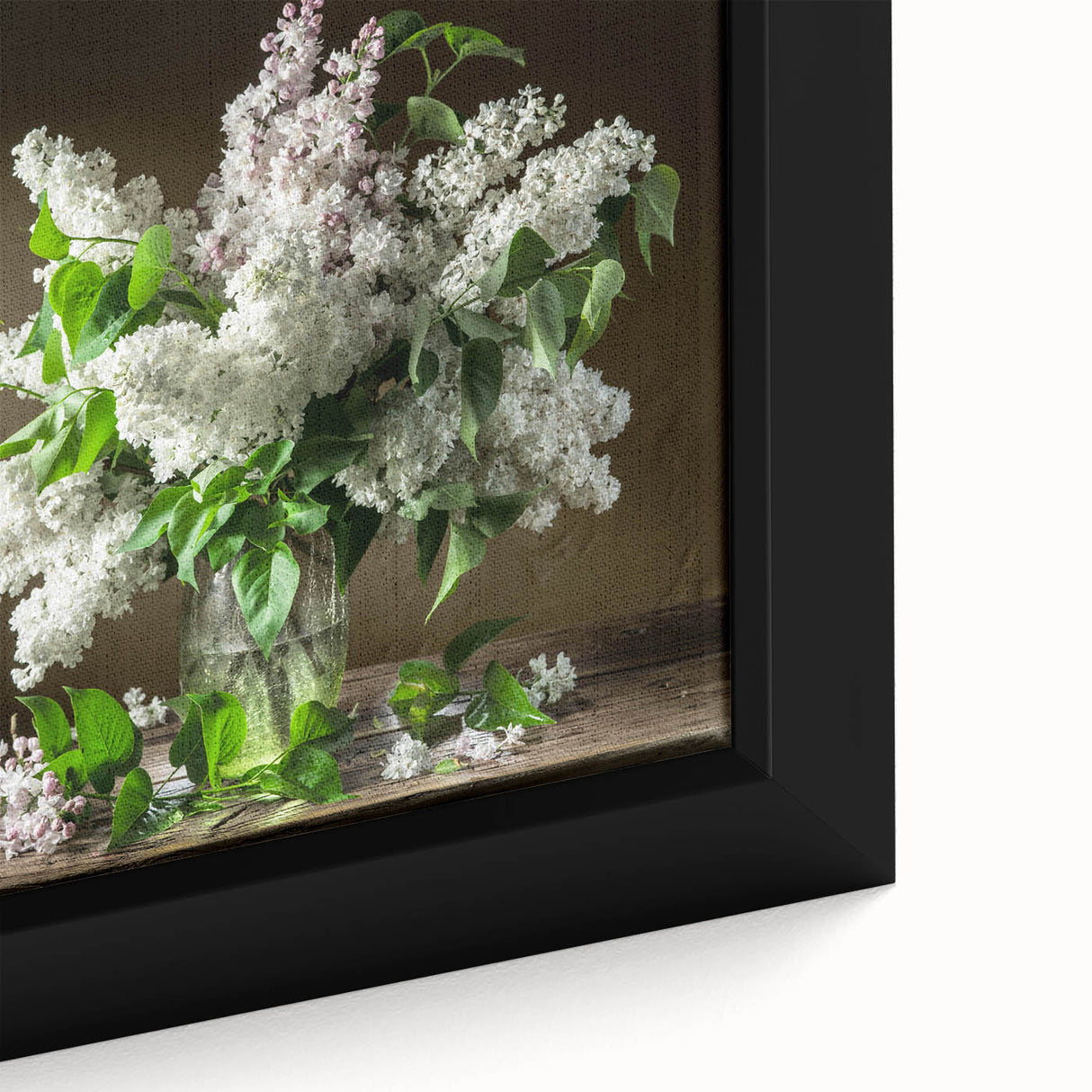 Close-up of a beautifully framed botanical wall art showcasing vibrant lilacs in soft purple and green tones, perfect for enhancing home decor with a floral touch.