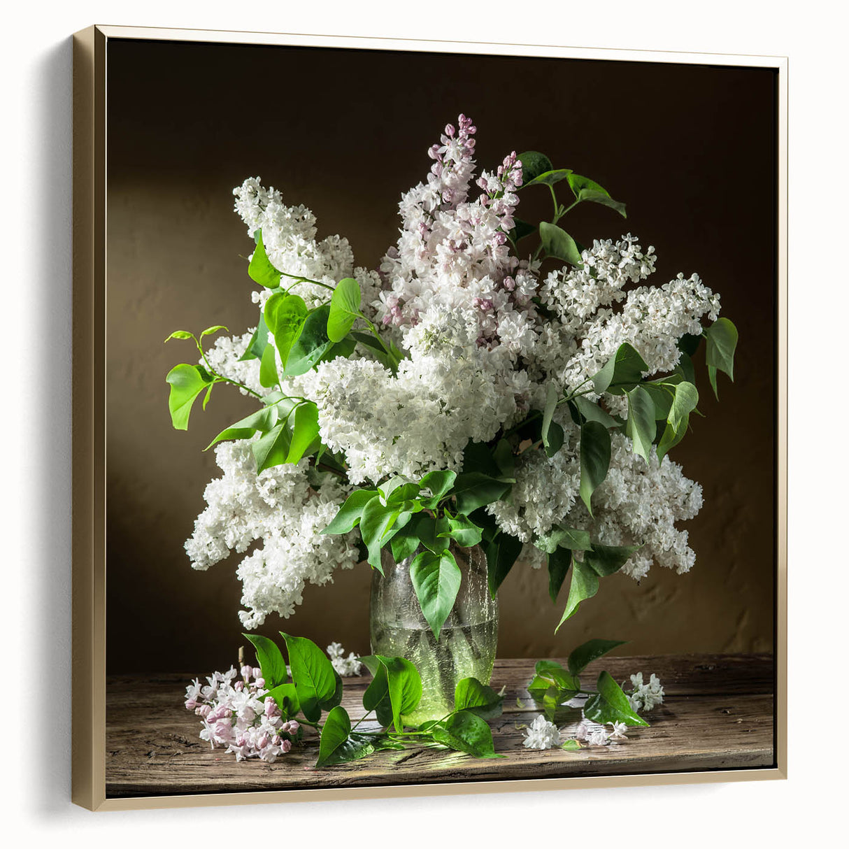 Framed wall art featuring a botanical design of lilacs in shades of purple and green, elegantly displayed in a silver and gold frame, perfect for home decor.